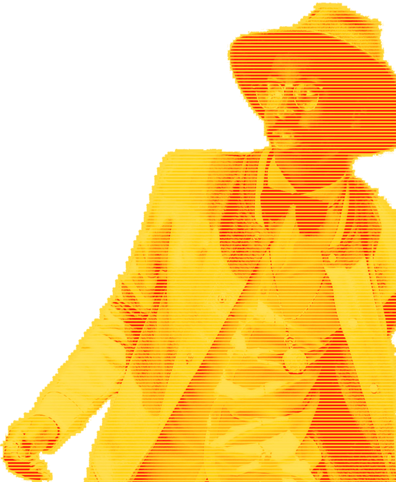 Hologram of a musician with hat facing left